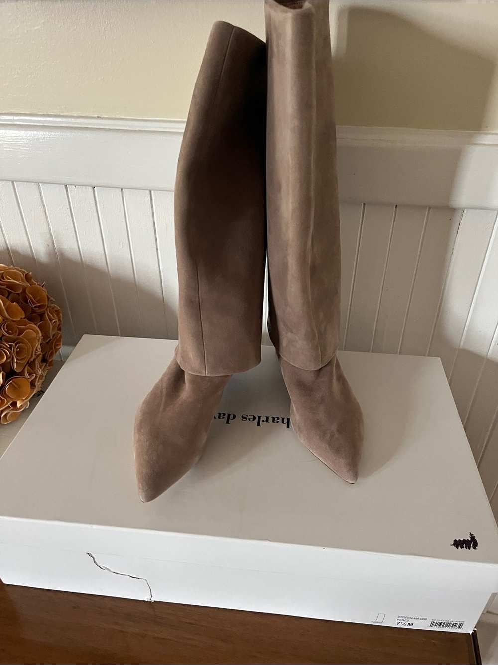 Charles David Taupe Over-the-Knee Pointed-Toe Suede Boots